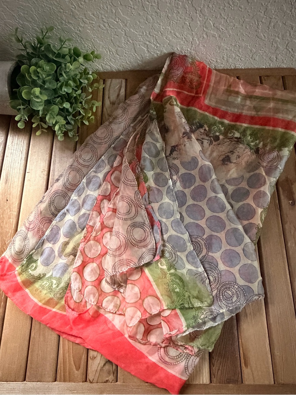 Lightweight Boho Shawl • Coral Green & Gray Print Scarf •Oversized Wrap - Picture 7 of 8